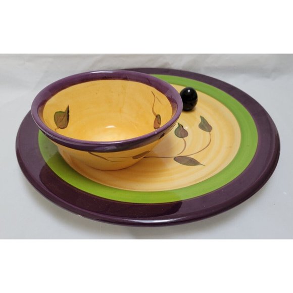 Vintage Cali Ceramic Pottery Serving Plate w/ Attached Bowl  - Olive Design - 1B - Picture 7 of 14